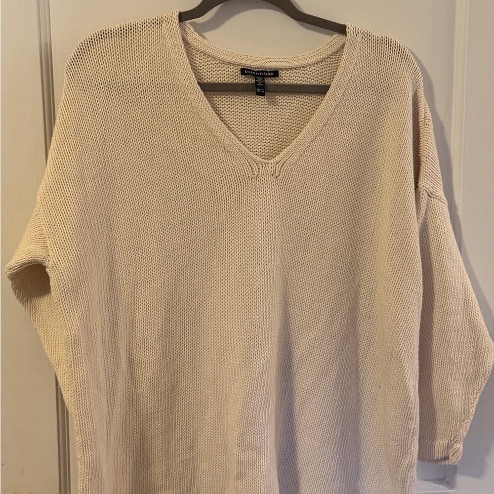 Eileen Fisher Cream V-Neck Sweater 100% Organic Cotton. Size 1X - Picture 2 of 7
